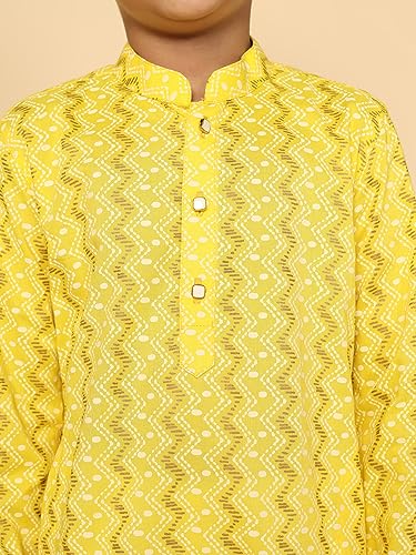 Image of KISAH Kid's Full Sleeves Cotton Blend Knee Length Printed Kurta Pyjama Set (3-4Y, Corn Yellow)