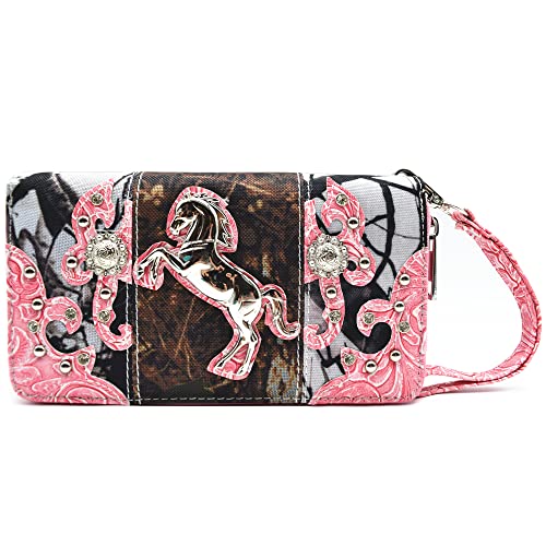 Cowgirl Trendy Camouflage Horse Studded Conchos Rhinestone Floral Tooled Leather Women Double Zipper Wallet Western Wristlets Purse (Fuchsia)