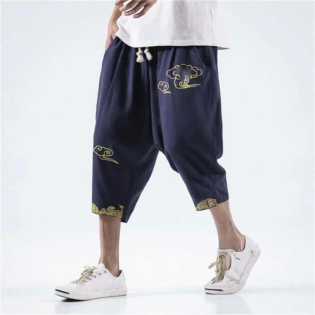 Summer Cropped Pants Men Vintage Harem Pants Chinese Style Embroidered Pants Solid Color Outdoor Men