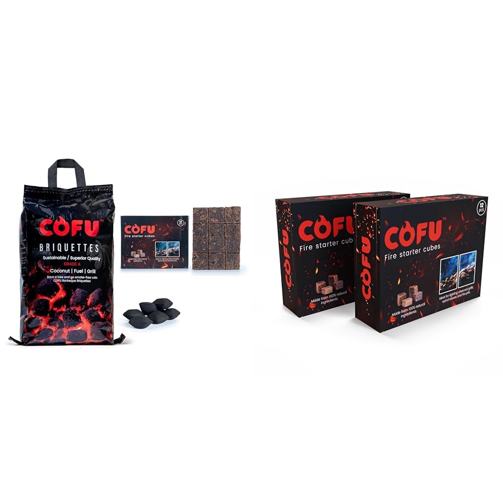 COFU Coconut Shell 5 Kg BBQ Koyala Charcoal Coal Briquettes Cubes & 12pcs Fire Starter for Barbeque