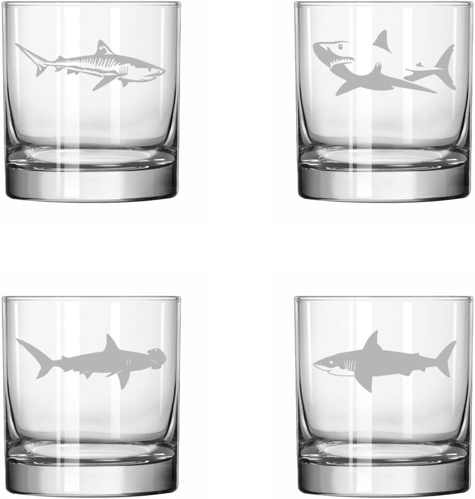 MIP Brand Set of 4 Glass 11 oz Rocks Whiskey Old Fashioned Glass Sharks
