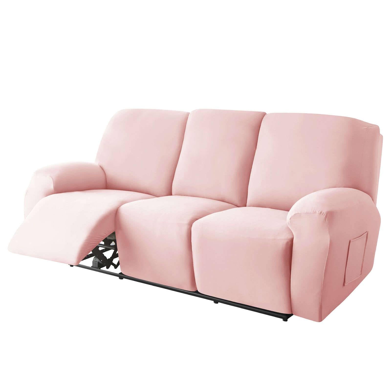 Polyester 8-Piece Recliner Couch Covers 3 Seat, Stretch Soft Lazy boy Reclining Sofa slipcover with Pocket Armchair Covers for Kids Pets Cat Dog-Pink-3 Seat