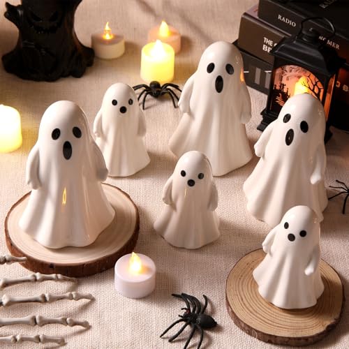 Leinuosen 6 Pcs Halloween Ghost Figurines 3 Large (5.12) & 3 Small (3.54) White Ceramic Ghost Decor Cute Ceramic Halloween Ornaments for Tabletop Mantel Tiered Tray & Shelf Decor