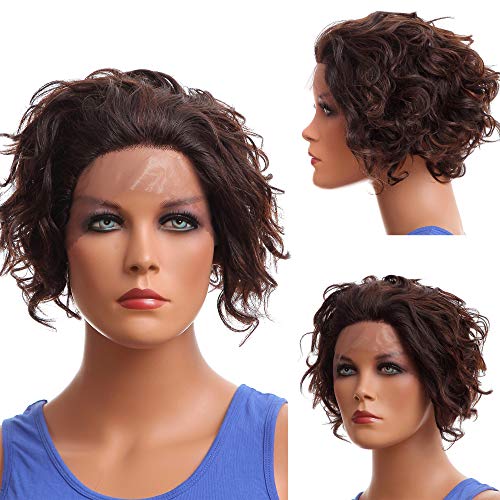 NFACE Human Hair Front Lace Wigs for Black African American Women Short Bob Body Curly Deep Natural Wave Free Part P2/33 Brown Aburn Mommy 97g 6.5"