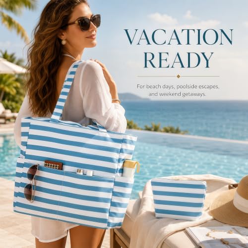 Image of LEDAOU Large Beach Bag Women Waterproof Sandproof Zipper Beach Tote Pool Bag for Swim Gym Grocery Travel with Wet Pocket