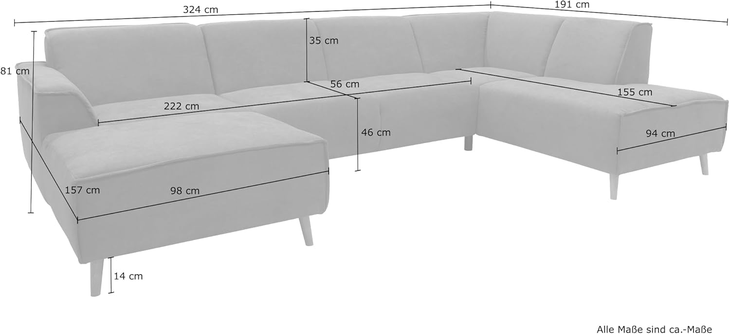 DOMO. collection Wohnlandschaft Jules FK, skandinavisches Sofa mit Federkern, Couch in U-Form mit Holzfüßen, 333 x 191 x 81 cm (BxTxH), Longchair rechts, schwarz