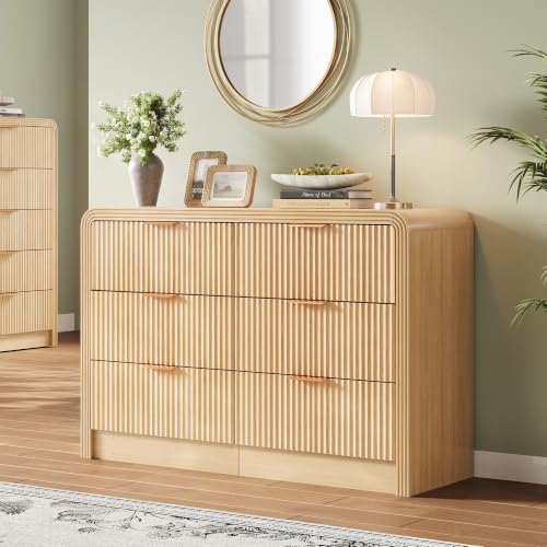 Image of Decofy Fluted 6 Drawers Dresser, 47.2'' Wide Chest of Drawers for Bedroom | Round Edge & Metal Handle, Modern Wood Drawer Organizer for Living Room, Entryway, Hallway, Oak