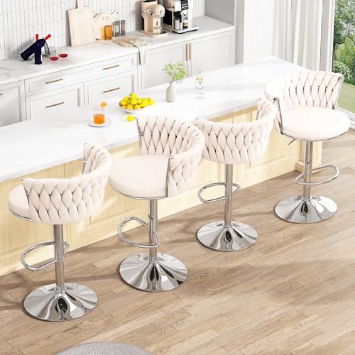 AWQM Beige Set de 4 Butacos de Bar, Taburetes Ajustables con Giratorio 360°, Tapizado en Terciopelo, Sillas para Isla de Cocina con Respaldo y Reposapiés miniatura 3