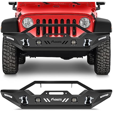 FINDAUTO Front Bumper Fit for 2007-2018 for Jeep Wrangler JK Upgraded Textured Black Rock Crawler Bumper with Winch Plate and D-ring,with LED Lights Cover