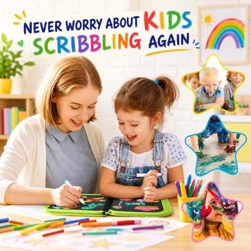 Image of Kaidaa Reusable Toddlers & Preschoolers Activity Book for (3-8 Yrs Kids) | Reusable Drawing & Writing Book | 14 Pages | 12 Washable Markers + 2 Wet Wipes