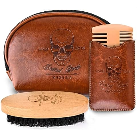 Menesia Beard Brush and Comb Set, Boar Bristle Hair Beard Brush Kit with Small Leather Travel Toiletry Bag Case for Men, Men's Wooden Mustache Comb & Brush Cover