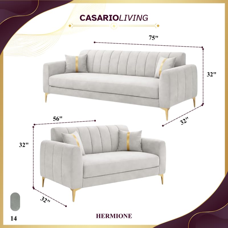 Image of Hermione Luxe Velvet-Suede Fabric 3 Seater + 2 Seater Sofa Set | Golden Legs | Comfortable & Spacious Seating | Modern Sofa Set for Living Room - Light Gray