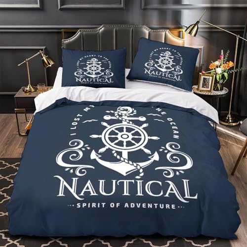 YVASPQRTW Diseño náutico 3D Impresión Edredón Funda 3pz Microfibra Transpirable Estilo Marino Vintage Funda de edredón 2 Fundas hipoalergénica Decoración Familia Super King（260x220cm）