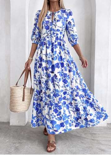 Image of KIRUNDO Maxi Dresses for Women 2026 3 /4 Sleeve Summer Dress | Spring Boho Floral, Drawstring Tie Neck, Loose Fit, Elastic Waist, Pockets, Wedding Guest, Beach Vacation Flowy Long Dress