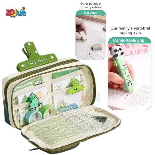 Image of Large Capacity Cute Aesthetic Pencil Case with Multi ompartments, Multi-Pocket Pastel Pen Pouch Organizer with Zipper, Kawaii School Supplies Bag for Girls (Green Happy Every Day+Panda Erase)