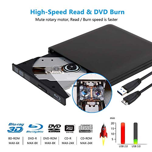 External 4K 3D Blu Ray DVD Drive Burner, Portable Ultra Slim USB 3.0 Blu Ray BD CD DVD Burner Player Writer Reader Disk for Mac OS, Windows 7/8.1/10 /Linxus, Laptop, PC