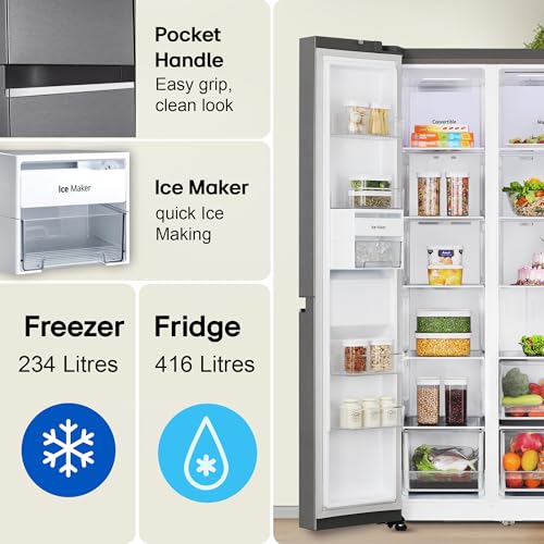 Image of LG 650 L, 3 Star, Smart Inverter Compressor, Convertible, Door Cooling+, Frost Free Double Door Side by Side Refrigerator (GL-B257HDS3, Dazzle Steel, Express Freeze)