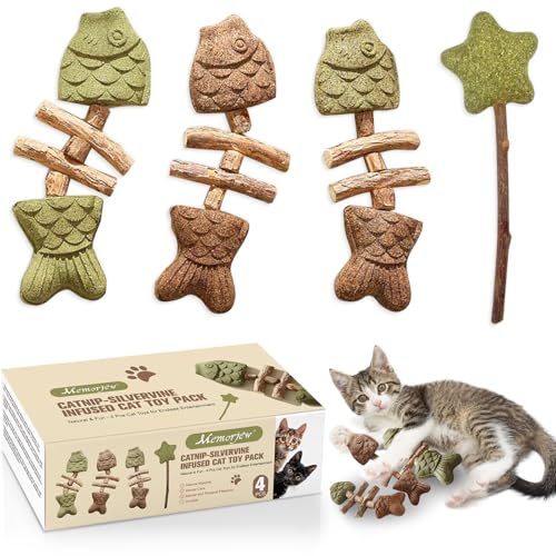 Memorjew 4 Pack Catnip Silvervine Fish Cat Toys Natural Matatabi Chew Sticks for Indoor Cats Dental Teeth Cleaning & Anxiety Relief Interactive Kitten Toys