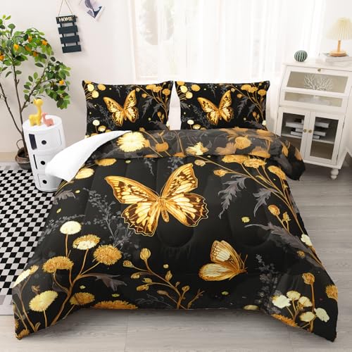 Image of AILONEN Twin Golden Butterfly Comforter Set, Black Wildflower Bedding, Dandelion Botanical Floral Decor, Lightweight Cozy Microfiber Dorm Kids Room