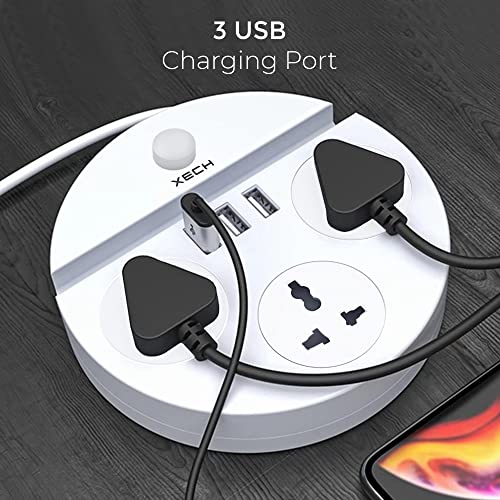 Image of XECH Extension Board with USB & Desk Light 2500W Power with 3 Universal Sockets & 3 USB Output Ports & 2 Meter Cable Length (Charging Disc PRO)