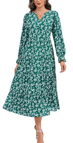 Kormei Long Sleeve Dress for Women 2025 Fall V Neck Tiered Elegant Empire Waist Flowy Wedding Guest Maxi Dresses2