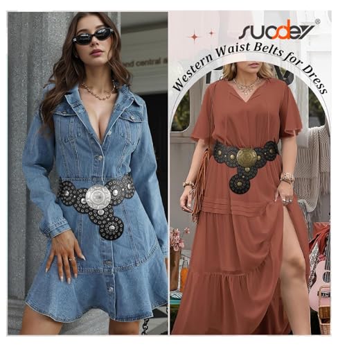 Women's Western Belt Concho Disc Wide Leather Boho Cowgirl Waist Belt for Dresses Jeans Festival Outfit4