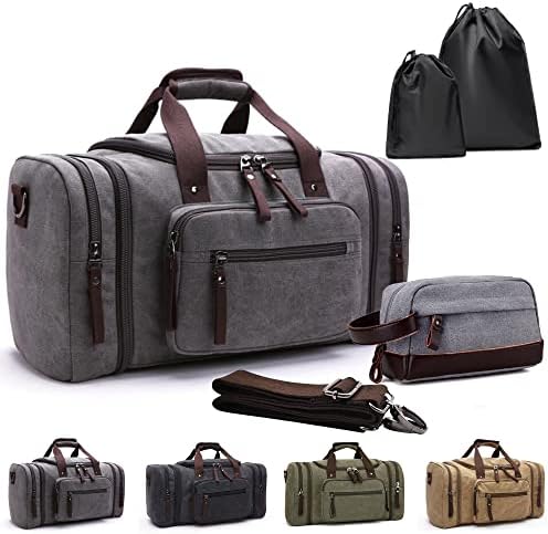 Canvas Travel Duffel Bag For Men Women, [BUY 1 GET 3] Weekender Overnight Canvas Leather Bag, Carry On Large Capacity Bag with Toiletry Bag Dirty Clothes Bags For Traveling Gym Sports Gift (C-Grey)