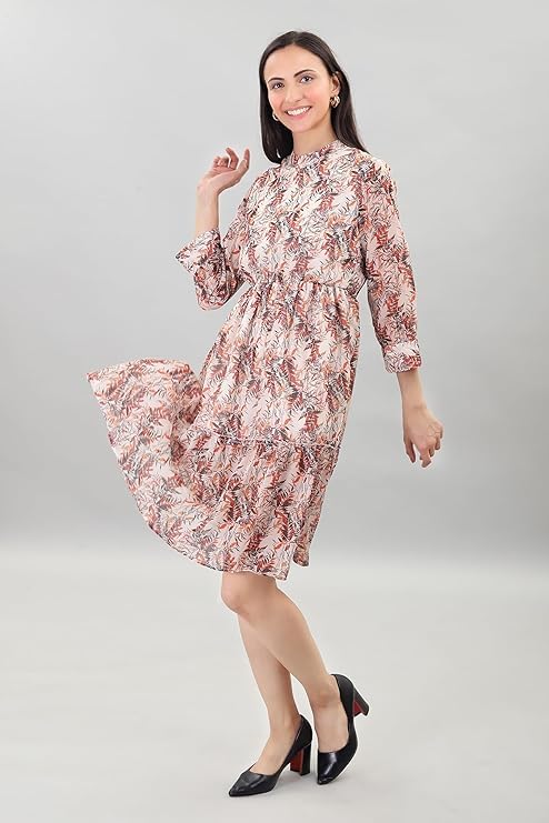 Image of A-Line Floral Printed Fit & Flared Western Brown Dress for Women | One Piece Midi Dress for Women Stylish Western Printed Dresses