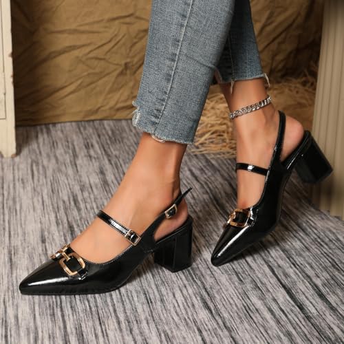 Closed Pointy Toe Chunky Slingback Heels Women's Block Slingback Pumps with Metal Chain & Adjustable Buckle Straps Dress Shoes for Women Work Party Wedding 2.4"2