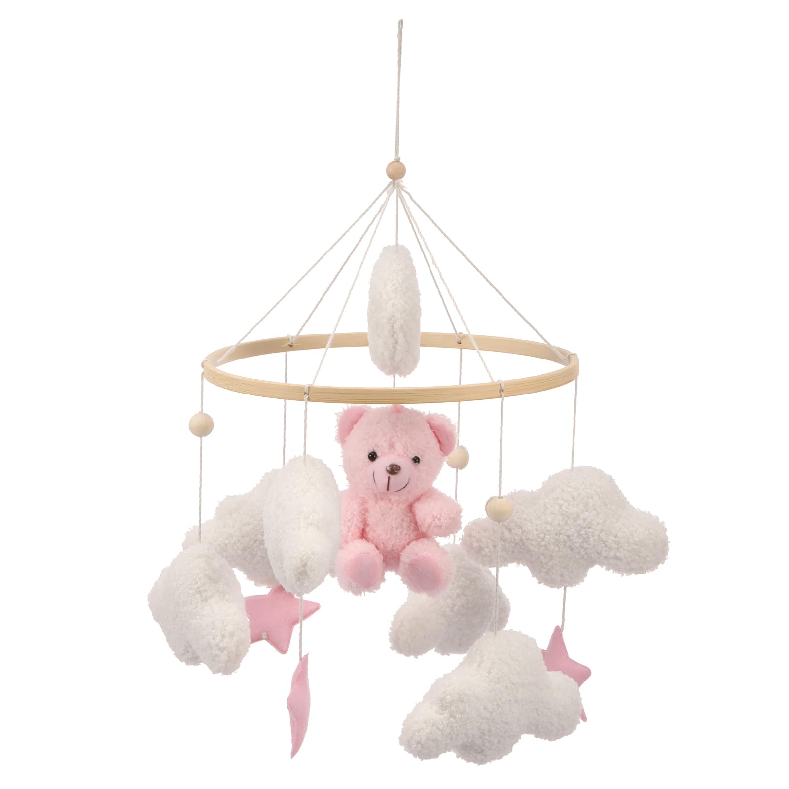 Baby Crib Mobile for Boys Girls Bassinet Soft Plush and Wood Nursery Mobile Cute Baby Bed Bell Charming Nursery Decor for Infant Newborn (Pink)