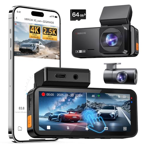 VIRROW Dash Cam Front and Rear: 4K+2.5K Dash Camera for Cars with Touch Screen 3.39' - Dashcam with...