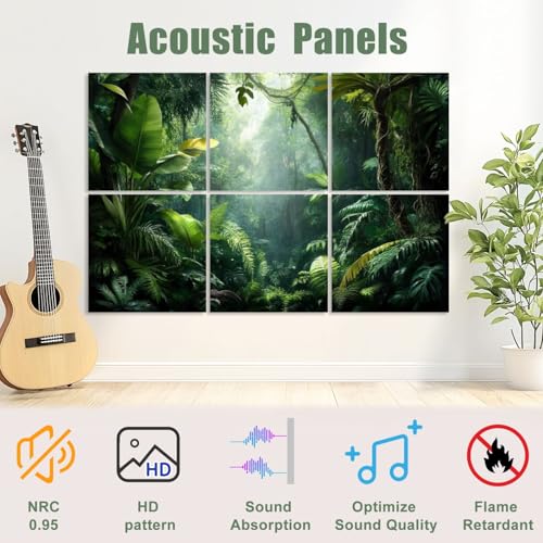 6 Pack Paneles Acústicos Artísticos Absorbentes de Sonido Selva Tropical Verde con Hojas de Palma, Paneles Decorativos para Pared Auto-Adhesivos para Estudios de Grabación y Oficina 72"x48" miniatura 3