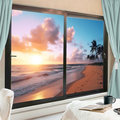 Vinilo para ventana con diseño de palmeras y atardecer 2 piezas miniatura 1