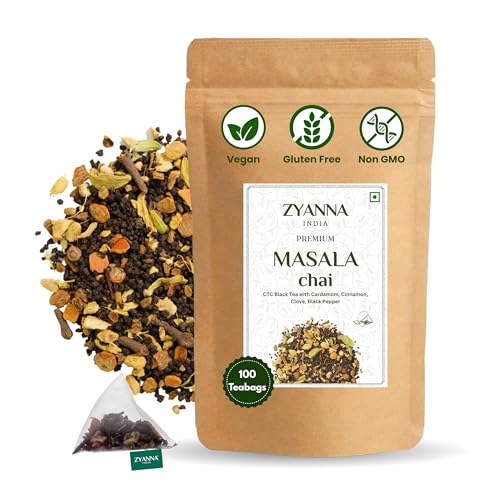 Image of Zyanna Masala Chai - Assam Tea with Cardamom, Cinnamon, Clove, Ginger & Black Pepper | 100 Tea Bags | Authentic Indian Masala Chai | Bold, Spicy & Aromatic | Strong & Flavorful