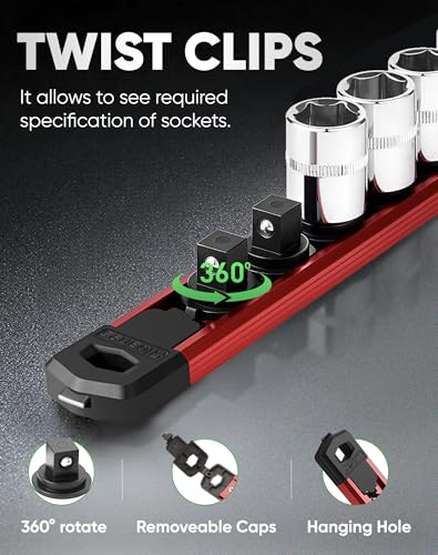 Image of ALOANES Magnetic Socket Organizer Set, 1 /2-Inch Drive Heavy Duty Aluminum Socket Rail Organizer, 360 Swivel Clips Socket Holder Kit for Toolbox Drawer Fit 1 /2-Inch x 12 Clips (Red, 1PC)