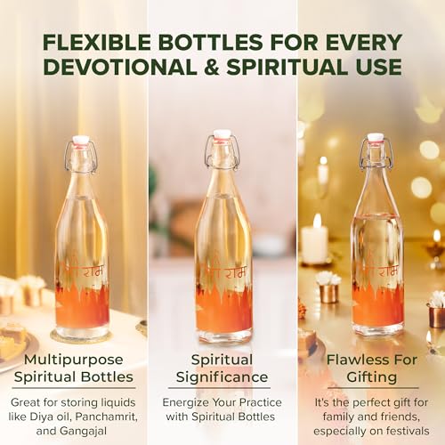 Image of SAND DUNE Glass Water Bottle Set of 1, 1000 ml, Ayodhya Mandir Printed, Clip Top Cap, Leak-Proof Bottle for Water, Milk, Gangajal, Panchamrit, Spiritual, Decor & Gifting