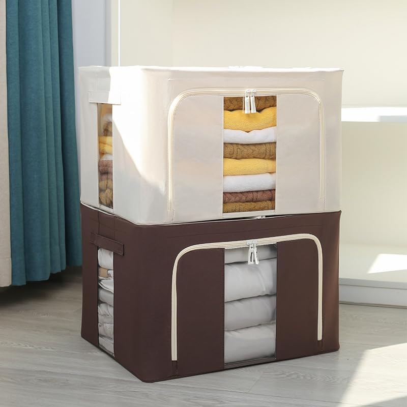 Scatola portaoggetti pieghevole con finestra trasparente, 50 x 40 x 33 cm, organizer per vestiti con cerniera (marrone)