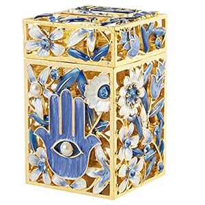 Matashi Hand Painted Enamel Tzedakah Charity – Treasure Field Souvenir with Crystals and Hamsa Protects In opposition to Evil Eye Motif Design with Gold Accents, Judaica House Decor Piggy Financial institution Present for Vacation
