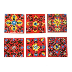 Artook Decor Blue Pottery Red Color Classic Home Decor Jaipur 2 x 2 inch Tiles (Pack of 6 Tiles)