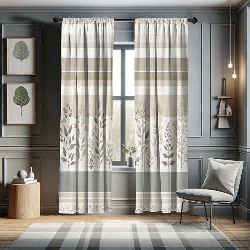 Ambesonne Striped Window Curtains, Modern Minimalist Leafy Scene Neutral Boho Stripes with Floral Details, Lightweight Decorative 2-Panel Set & Rod Pocket, Pair of - 28