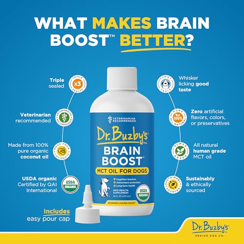 Dr. Buzby’s Brain Boost Organic MCT Oil for Dogs, 16 Oz Human Grade MCTs C8, C10, Senior Dog Dementia, Made from Pure Organic Coconut Oil, Medium Chain Triglyceride Liquid Dog Supplement