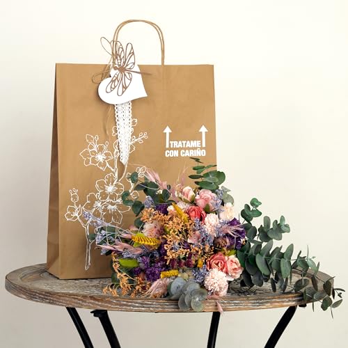 Flores Artificiales Decoración para Mesa, Regalo, Novia - Flores Secas, Preservadas y Naturales Decorativas Hecho a Mano - Ramo de Flores Rosas, Morado con Bolsa de Regalo (Morados y Rosas)