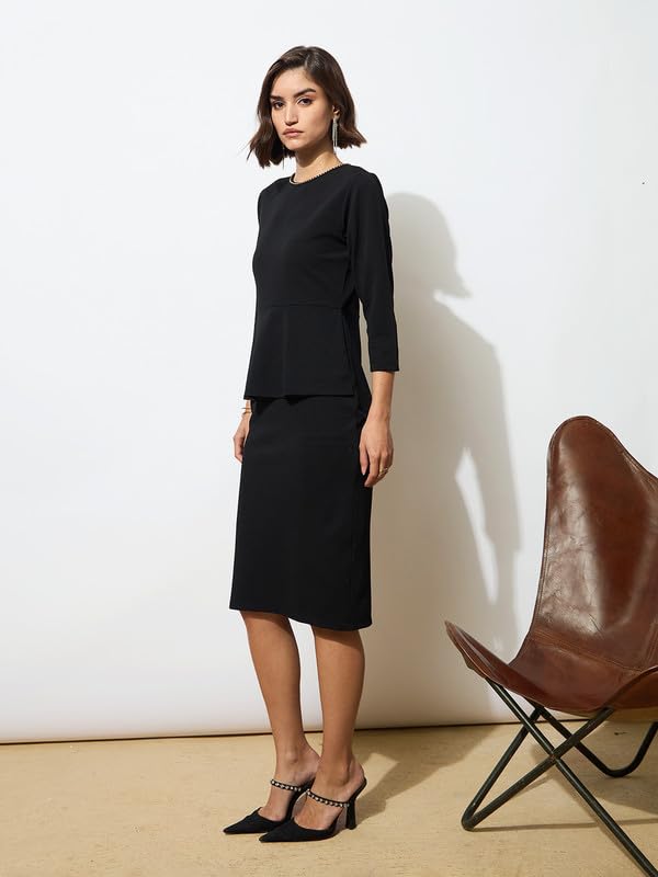 Image of barcino Black Peplum Diamante Neck Bodycon Dress