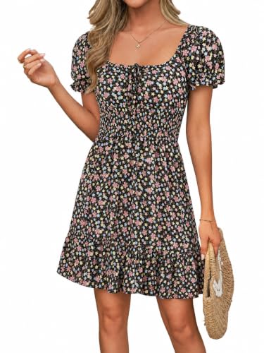 Image of Womens Babydoll Mini Dress Casual Square Neck Short Sleeve Summer Dresses | Empire Waist, Smocked, Flowy, Short Beach Dress, Vacation, Floral, Boho