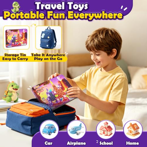Image of Mini Magnetic Tiles Kids Dinosaur Toys, Magnetic Blocks with 6 Dinosaurs | Road Trip Essentials for Car & Airplane Magnet Tiles STEM Construction Building Toys, Gifts & Toys for Boys Girls Ages 3-12