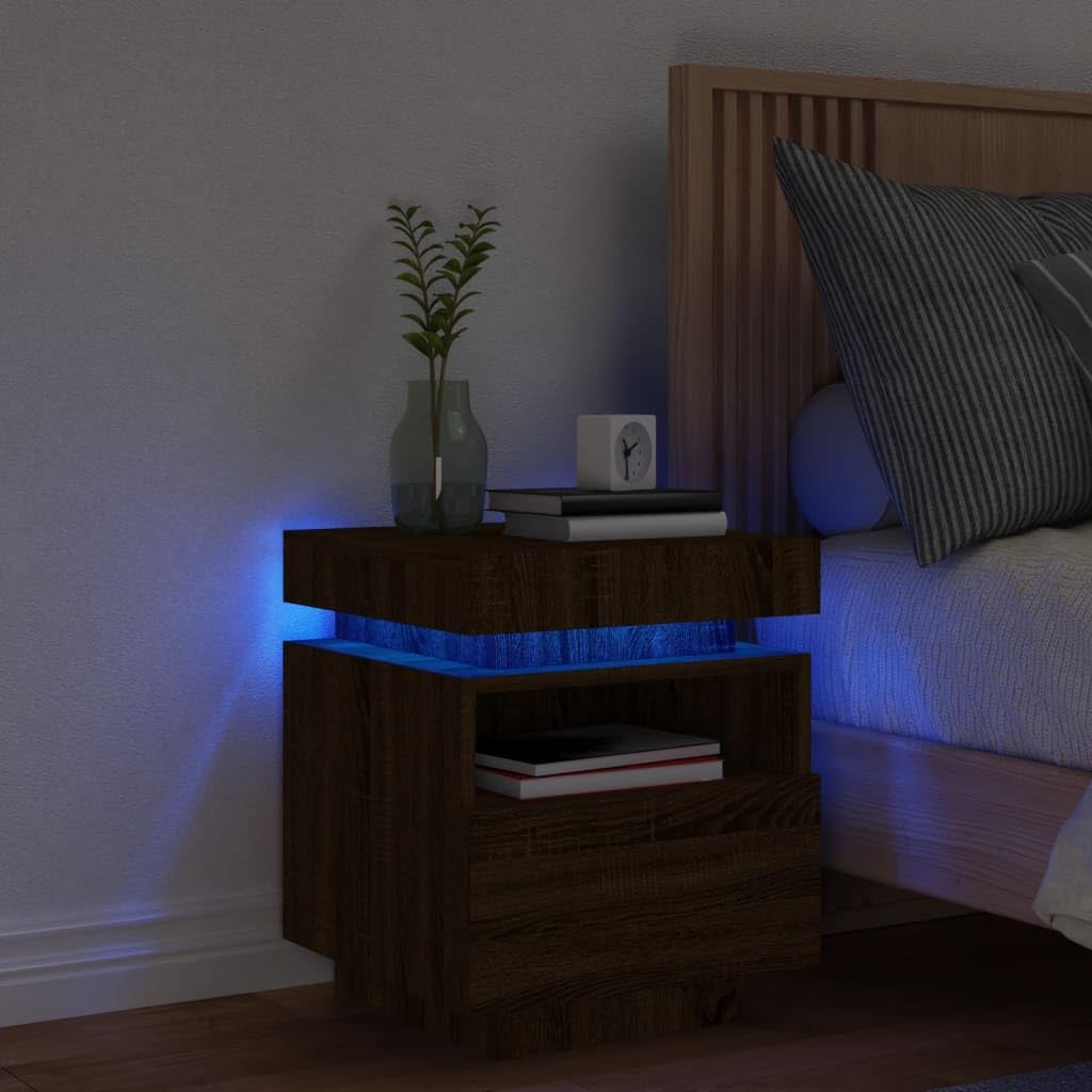 YUANCHUTOP LED Floating Bedside Table with Drawer and Shelf, Wall Mounted Nightstand with LED Lights, Floor Stand or Wall Mount, for Living Room Bedroom - Brown Oak