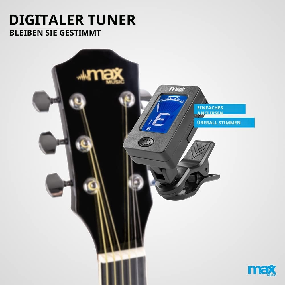 MAX SoloJam Westerngitarre, Akustik Gitarre Set, Acoustic Guitar, Akustikgitarre 4/4 mit Tasche, Plektrum, Stimmgerät, Schultergurt und Stahlsaiten, Anfängergitarre in Schwarz