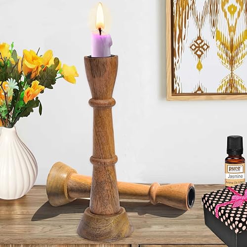 Image of Pure Source India Wooden Candle Holder for Taper Candles, Natural Mango Wood Vintage Style 20cm Tall Candle Stand for Fireplace Dining Table Centrepiece, Decorative Item for Home