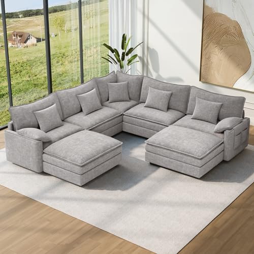 Image of Vesgantti 101 inch V-Shaped Corner Couch Sectional, 7 Seat Customizable Modular Cloud Couches with Movable Ottoman, Chenille Deep Seat Sofa Set with Chaise for Living Room, Bedroom and Apartment, Brown