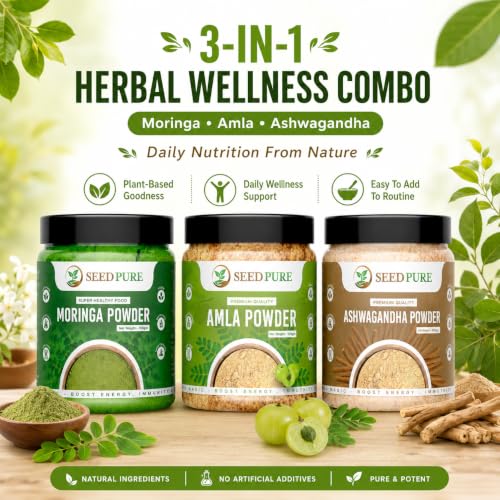 Image of Moringa + Amla + Ashwagandha Powder india, Drumstick Leaf Supplement for Digestion & Immunity, Ayurvedic Superfood, 100g moringa + amla + ashwagandha pack of 3 (300g)